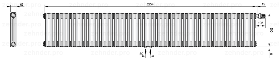 Схема (чертеж) Радиатор Zehnder Charleston 2050/49 №V008 Белый глянцевый RAL 9016